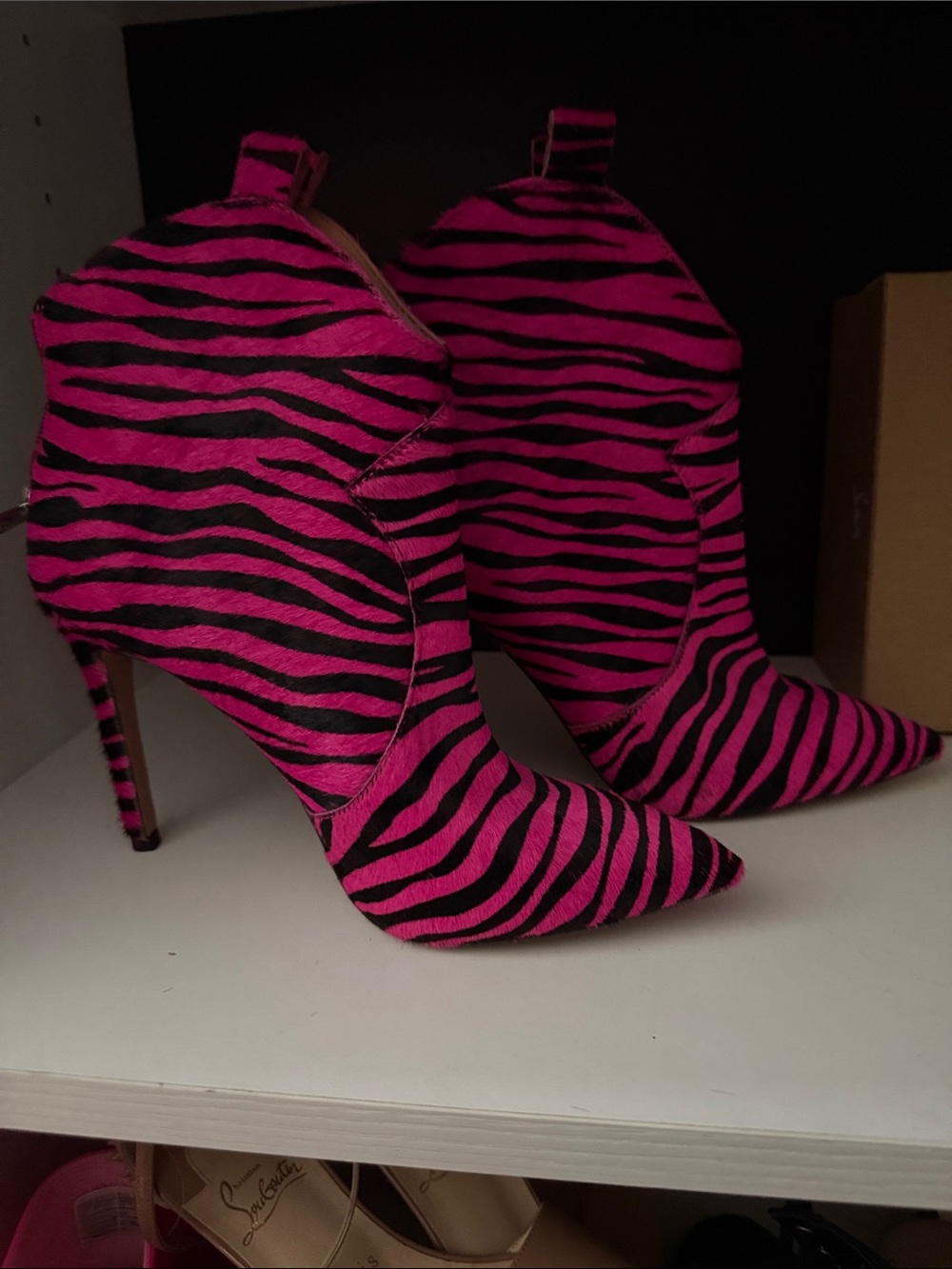Jessica Simpson Pink and Black Zebra Print Pointed Toe Stiletto Booties